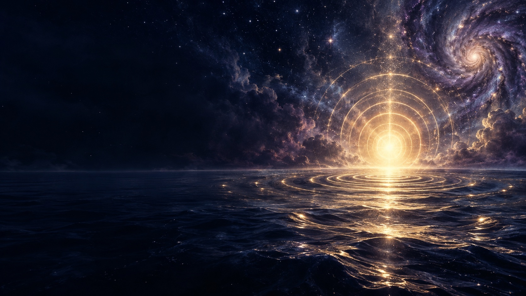 Golden sound waves radiate across a cosmic ocean beneath a spiral galaxy.
