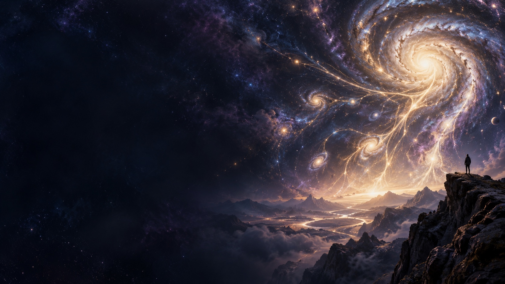 A figure watches galaxies unfold into streams of golden light.