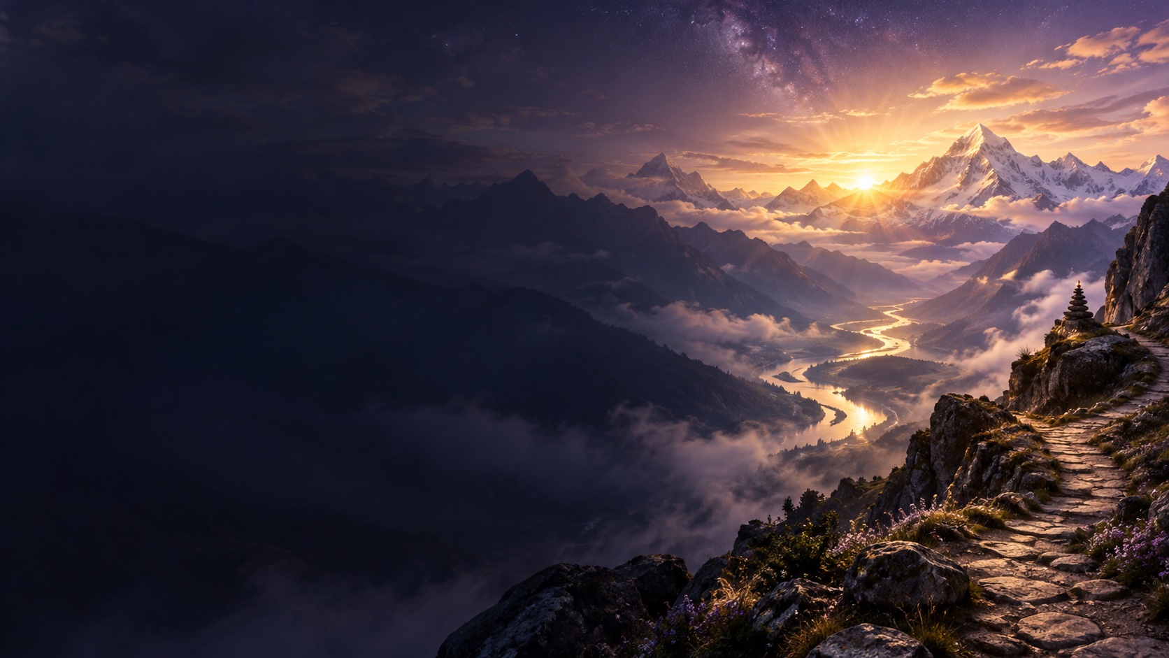 A mountain path follows a winding river toward sunrise.