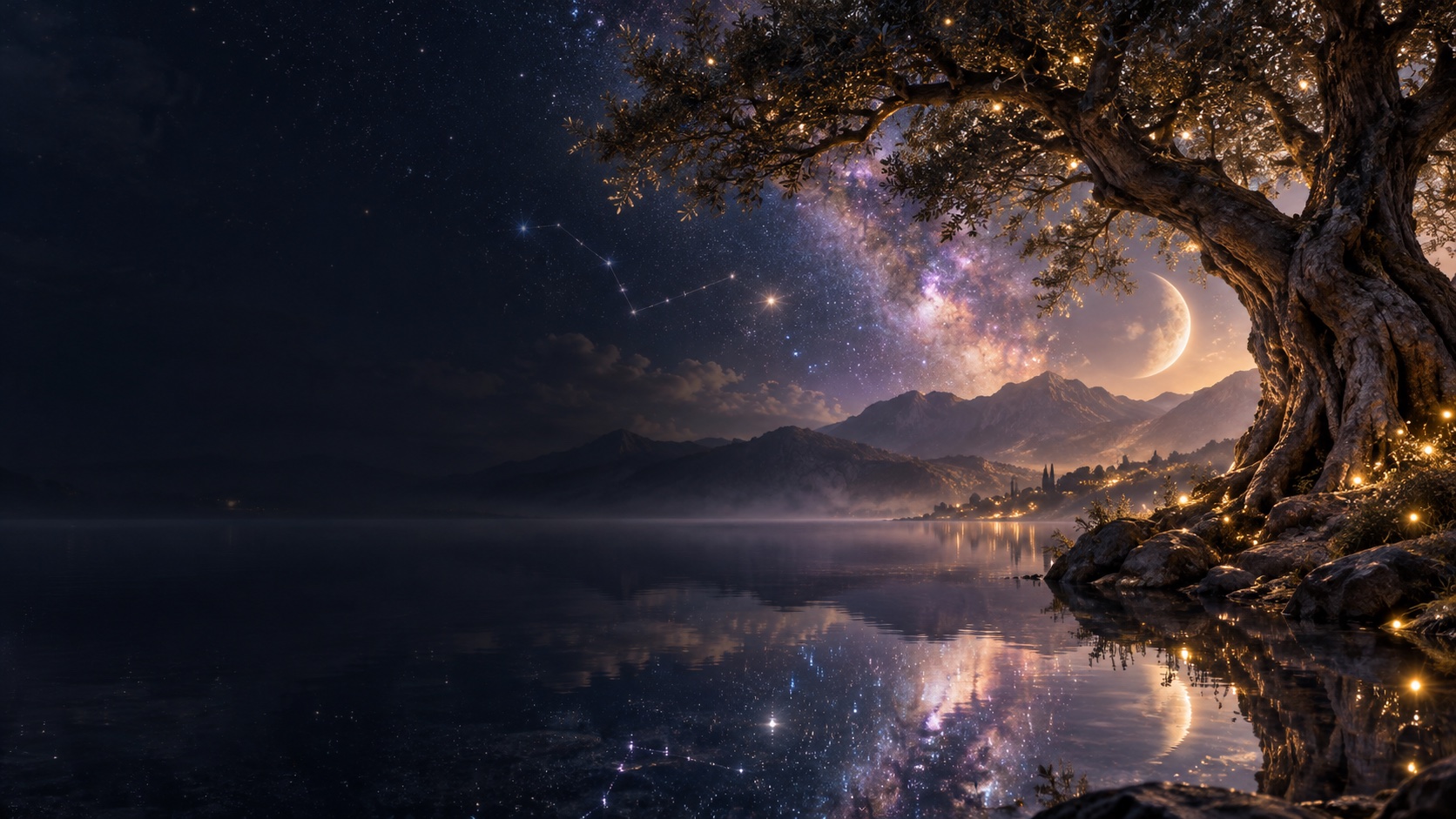 An ancient tree beside a still lake under a sky of stars.