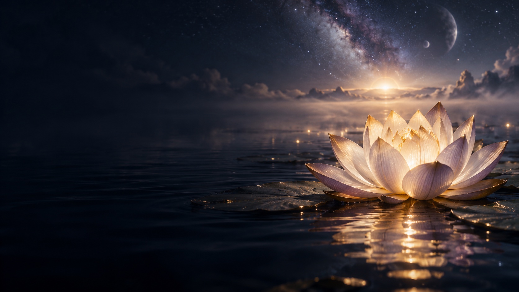 A luminous lotus opens above dark water.