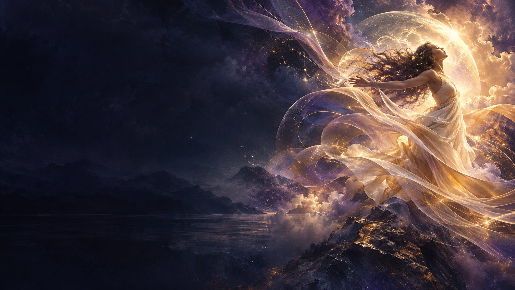A dancer and flowing ribbons of light express the joy within.
