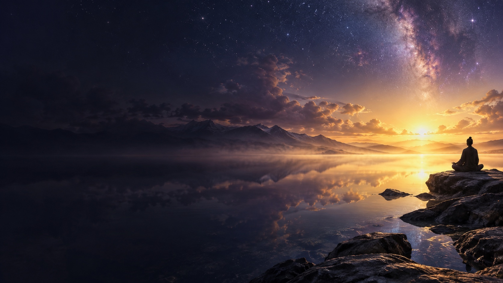 A meditating figure faces dawn across a still lake.