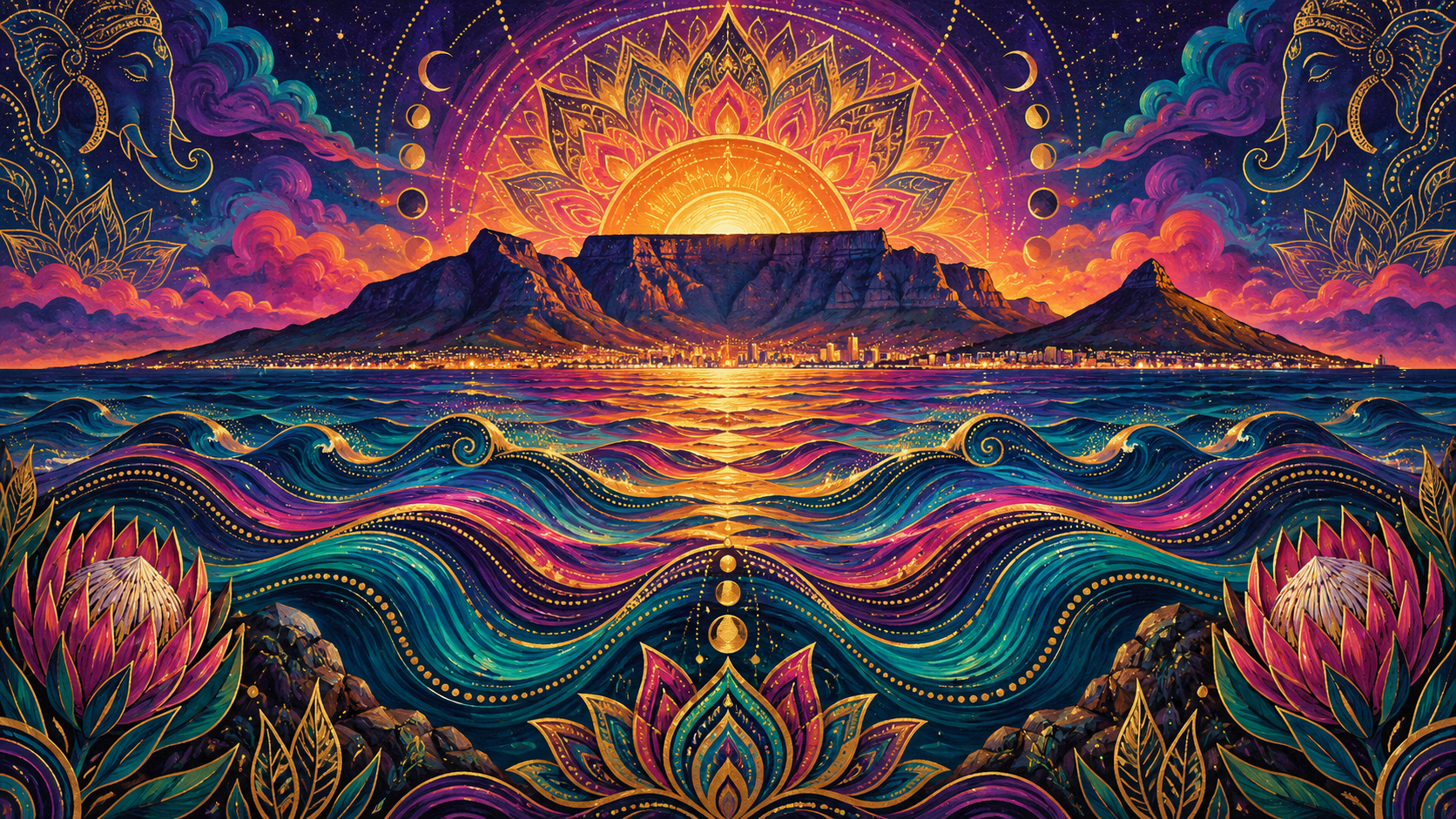 Psychedelic Table Mountain and ocean sound waves beneath a radiant mandala for Artscape Theatre.