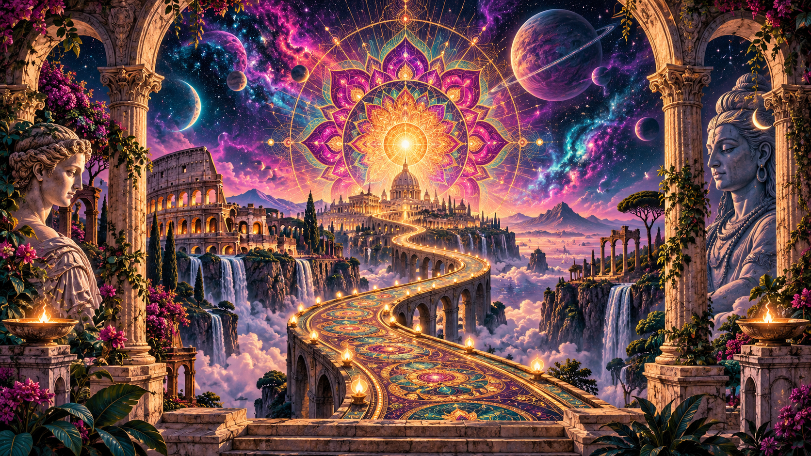 A cosmic mandala sun above Roman arches and a winding celestial road for Europe Tour.