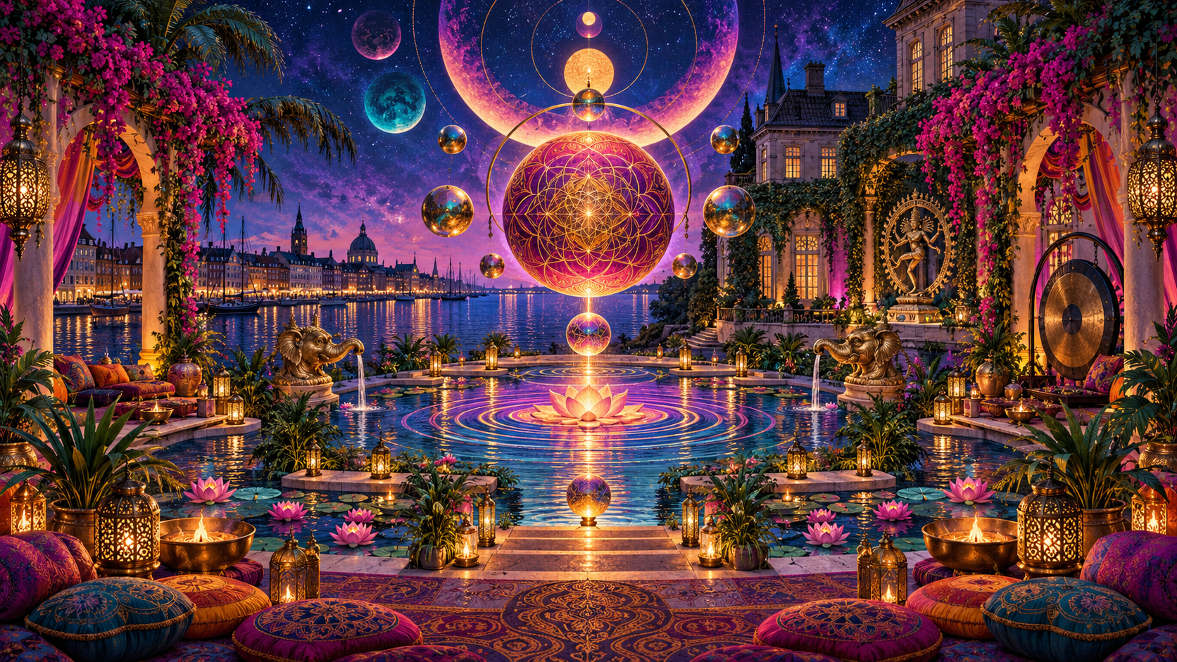 A luminous lotus and floating sacred geometry over a psychedelic waterfront sound garden for Fellows Mansion.