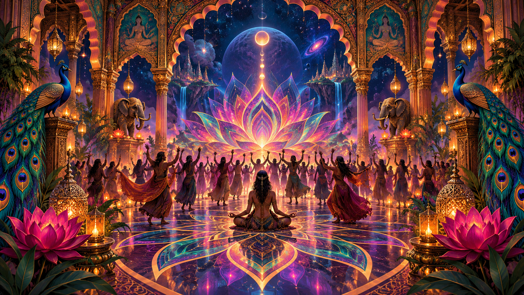 Neon peacock patterns and ornate theatre arches around a cosmic lotus dancefloor for Royal Theatre.