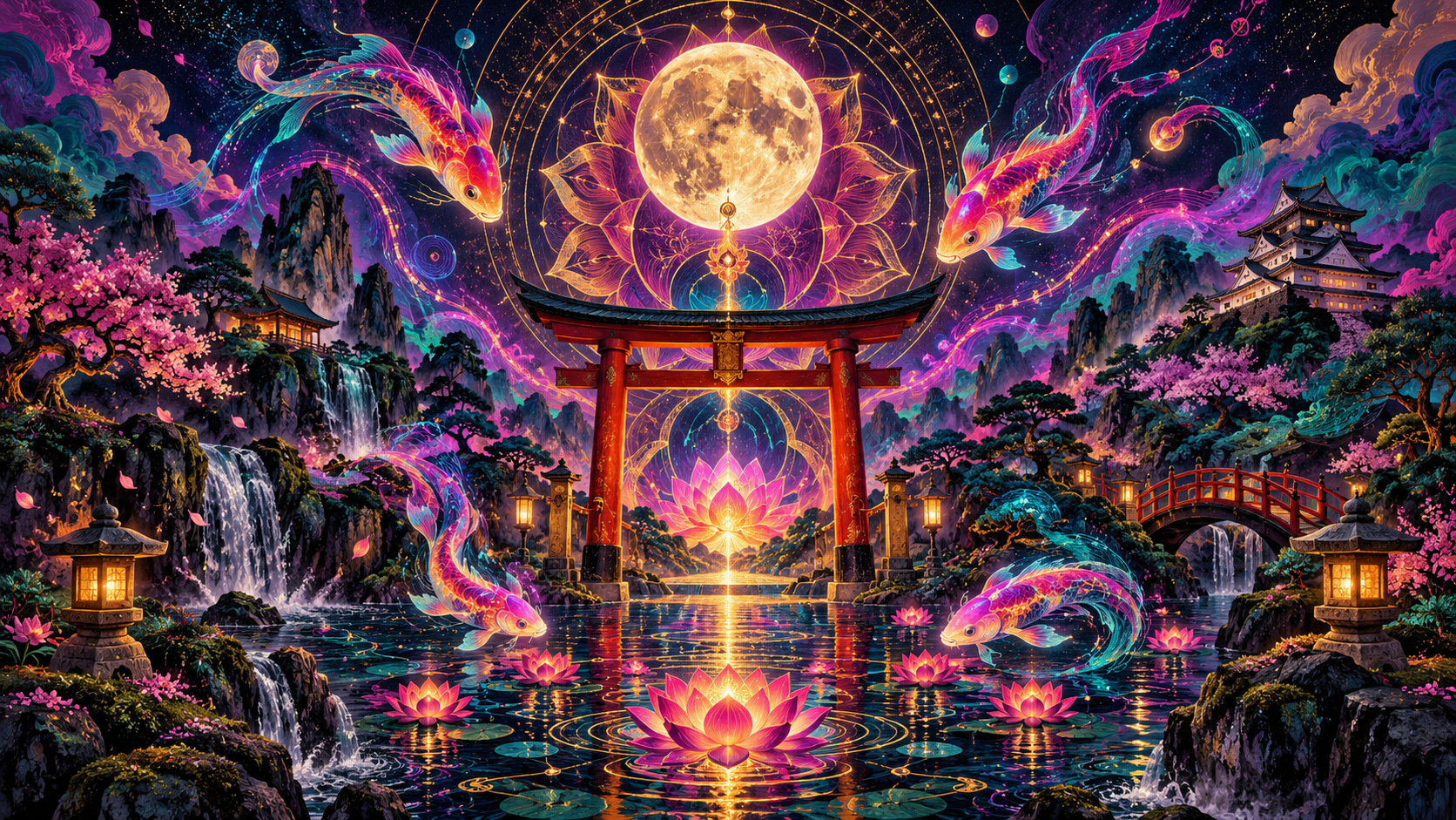 A vermilion Japanese gate, luminous lotus geometry and neon koi currents under a cosmic moon for VISMAY.